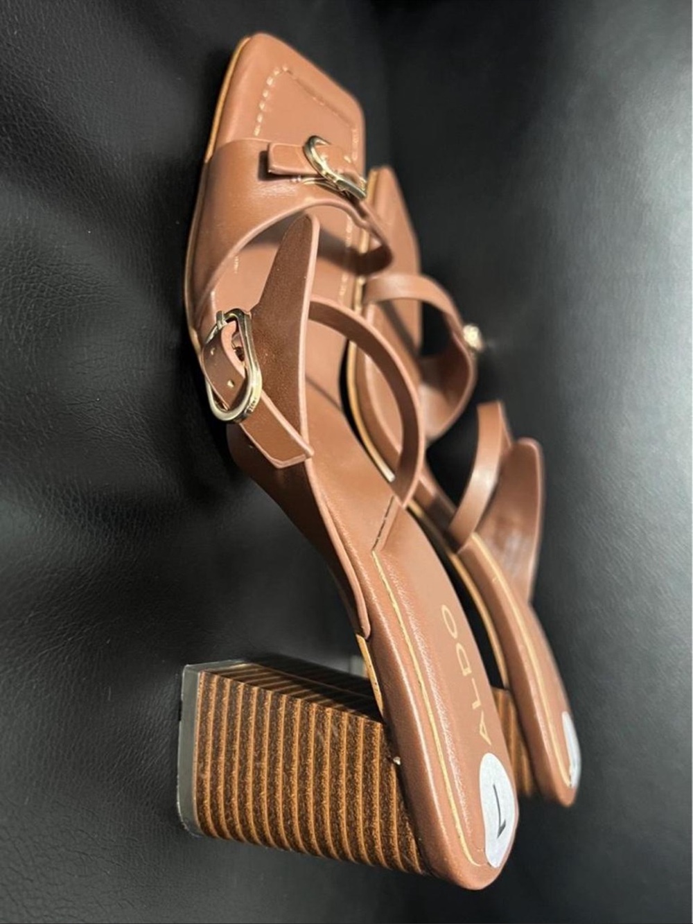 Aldo Tan Brown Square-Toe Strappy Block Heel Sandals - Picture 3 of 4